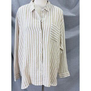 J.Jill Love Linen Gold White Striped Button Down Shirt 100% Linen XL